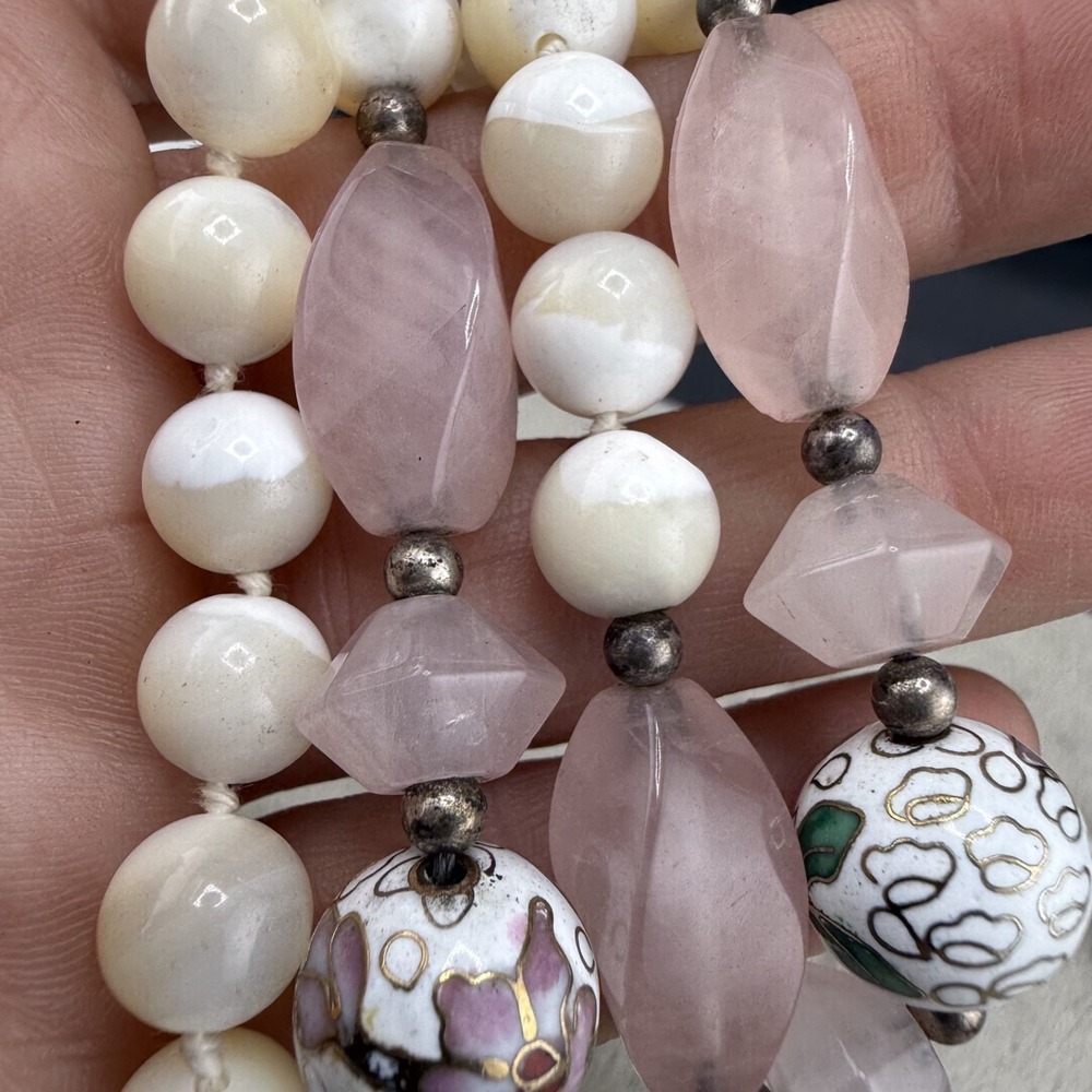 Vintage Estate Necklace‎ White Mother of Pearl Cloisonne Beaded 32" READ